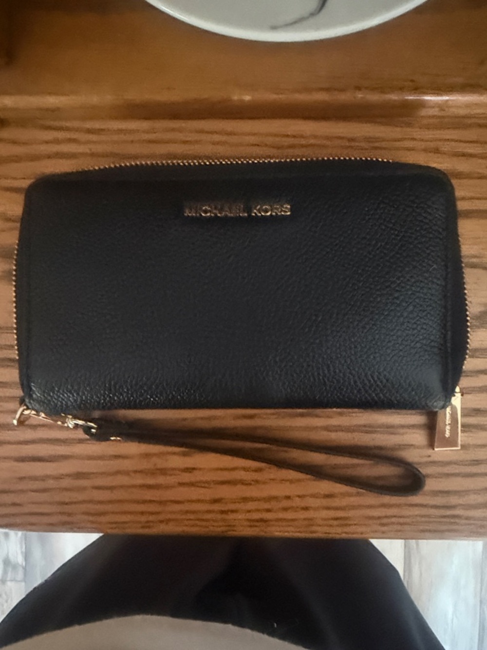 Michael Kors Black Pebbled Leather Zip Wallet with Gold Logo